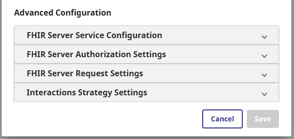 FHIR Server Advanced Configuration with service, authorization, request and interactions-strategy settings.