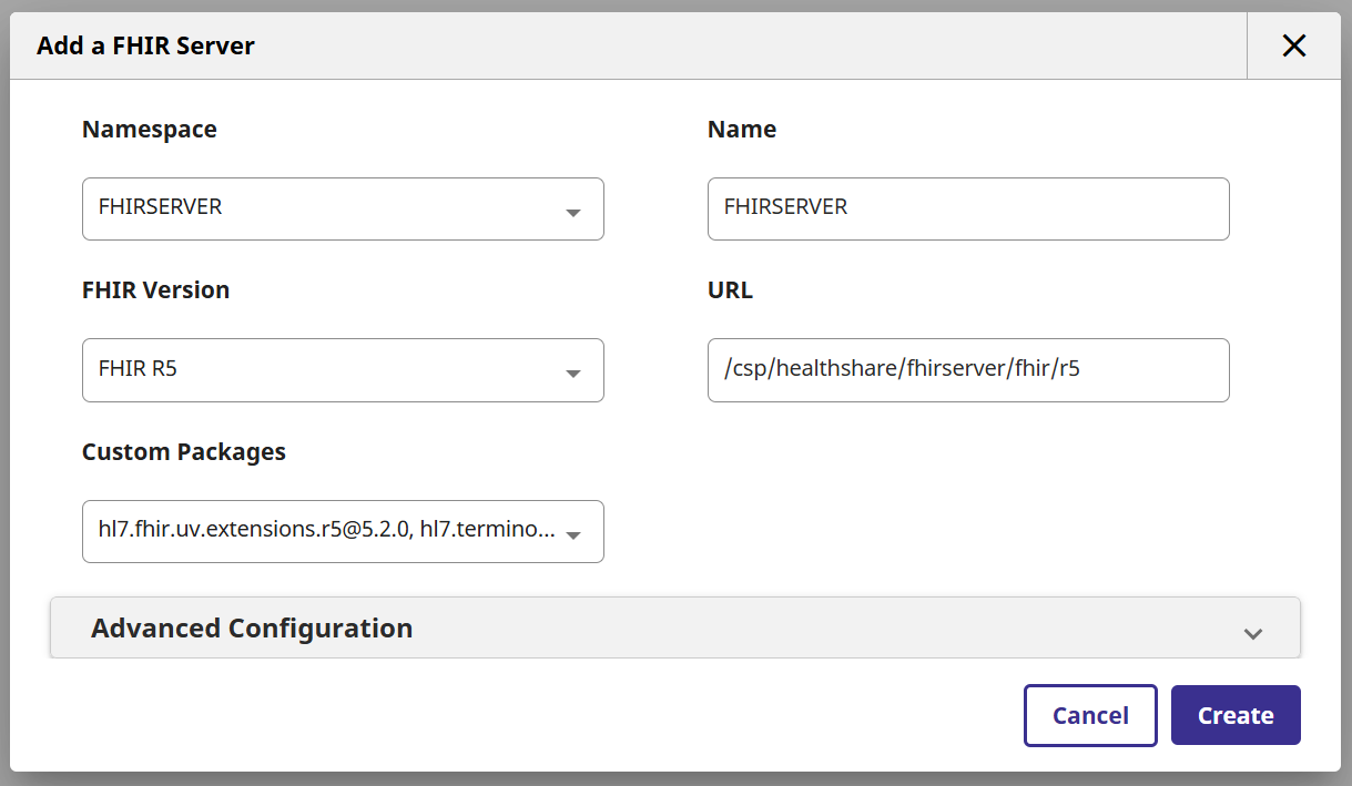 Add a FHIR Server dialog with namespace, name, FHIR R5, endpoint URL and Custom Packages selection.