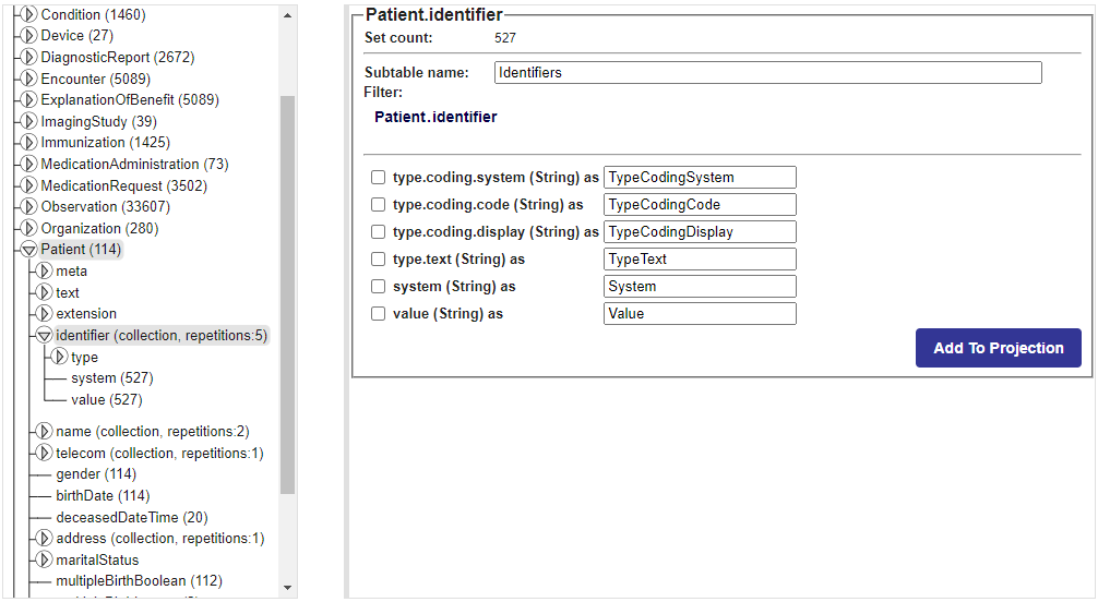 FHIR SQL Builder resource tree and Patient.identifier field selection for adding identifiers to a SQL projection.