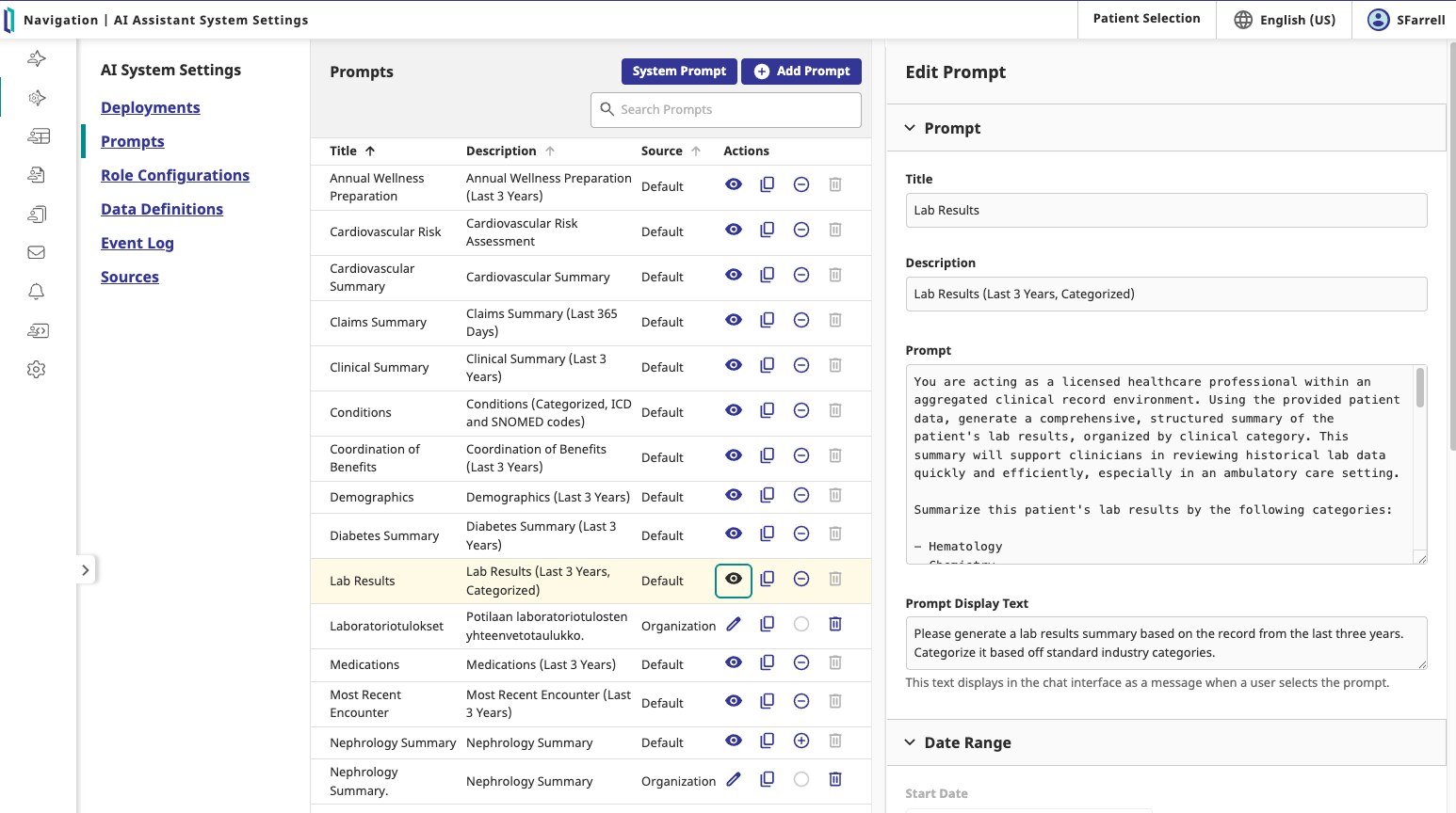 HealthShare AI Assistant system settings with prompt catalogue, Lab Results prompt editor, role configuration and event-log navigation.