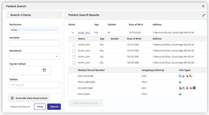 Clinical Viewer patient search with demographic search fields, matching records and source identifiers.