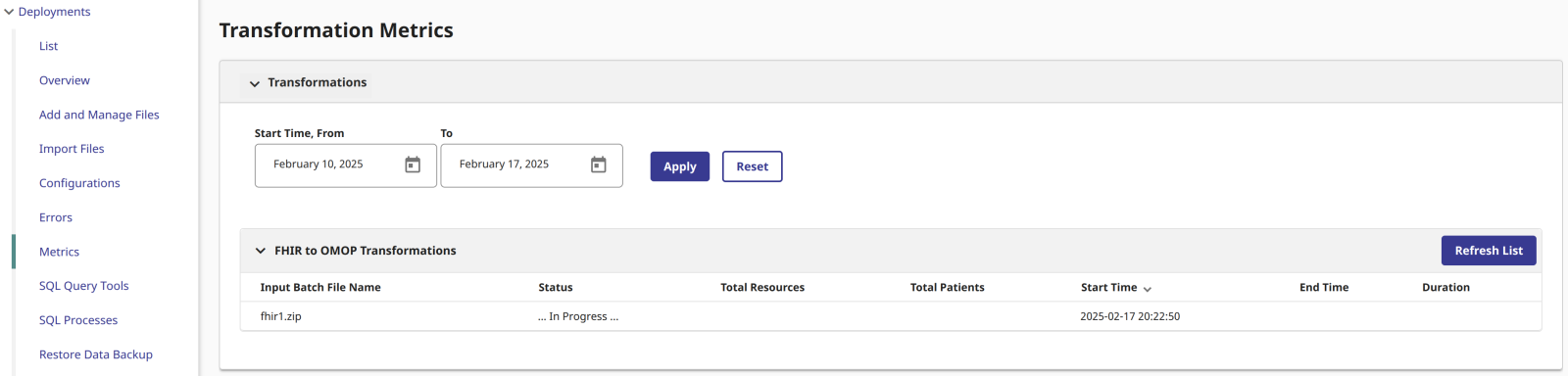 InterSystems OMOP Transformation Metrics page with date filters and an in-progress FHIR-to-OMOP batch.